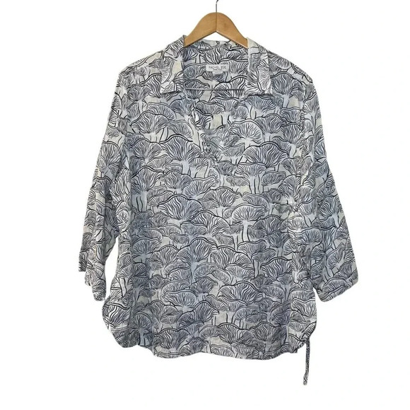 Rachel Zoe 100% Linen Mushroom Pattern Blouse Plus Size 2X Black Cream White Top - Picture 1 of 4